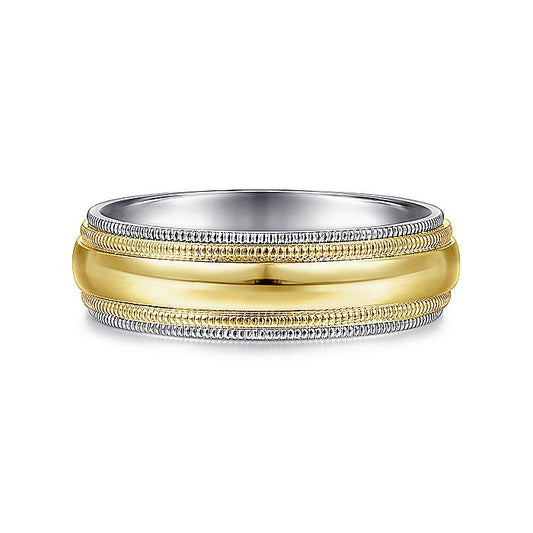 Gabriel & Co. MBH0173-60M4JJJ 14K White-Yellow Gold 6mm - Polished Center and Milgrain Edge Men's Wedding Band