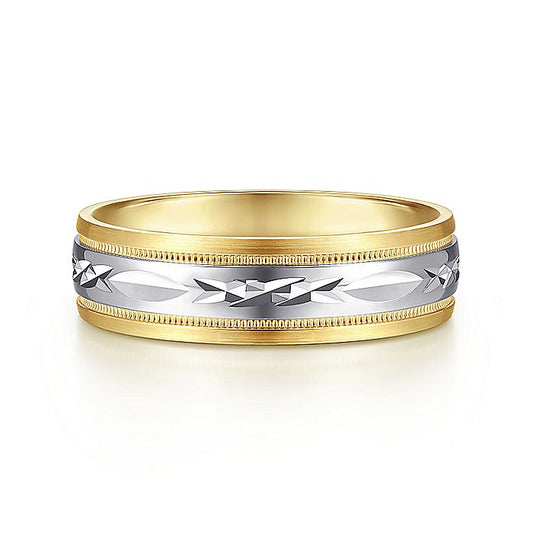 Gabriel & Co. MBM0119-60M4JJJ 14K White-Yellow 6mm - Engraved Center and Millgrain Channel Men's Wedding Band