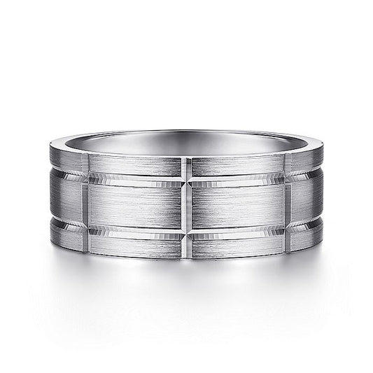 Gabriel & Co. MBM0142-80W4JJJ 14K White Gold 8mm - Grooved Elongated Checkered Pattern Men's Wedding Band