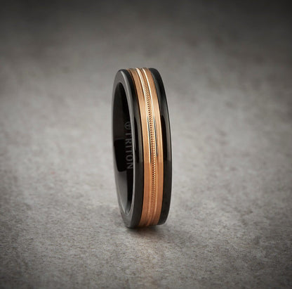 6MM Black Tungsten Carbide Ring - Center Milgrain 14K Yellow Gold Insert with Round Edge