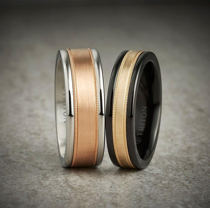 6MM Black Tungsten Carbide Ring - Flat Milgrain 14K White Gold Insert with Round Edge