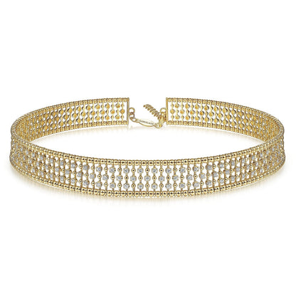 14K Yellow Gold Wide Diamond Station Choker Necklace with Bujukan Beads, 11.5+4 inch
