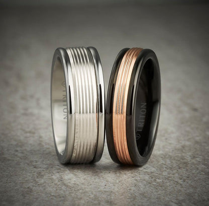 6MM Black Tungsten Carbide Ring - Serrated Engraved 14K Yellow Gold Insert with Round Edge