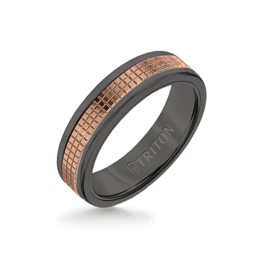 6MM Black Tungsten Carbide Ring ��� Cubed 14K Rose Gold Insert with Round Edge