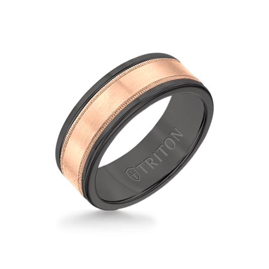 8MM Black Tungsten Carbide Ring - Flat Milgrain 14K Rose Gold Insert with Round Edge