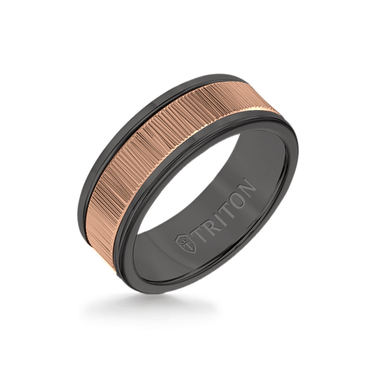8MM Black Tungsten Carbide Ring ��� Vertical Geometric 14K Rose Gold Insert with Round Edge