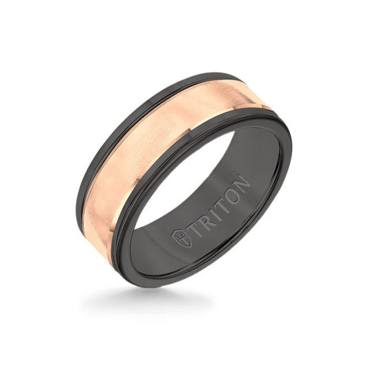 8MM Black Tungsten Carbide Ring - Linear 14K Rose Gold Insert with Round Edge