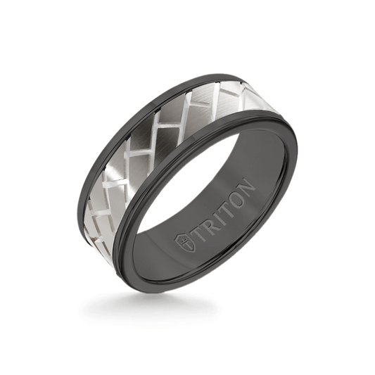 8MM Black Tungsten Carbide Ring ��� Diagonal Brick 14K White Gold Insert with Round Edge