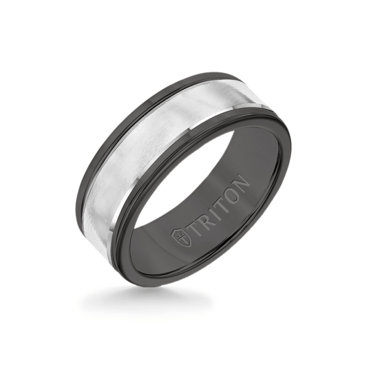 8MM Black Tungsten Carbide Ring - Linear 14K White Gold Insert with Round Edge