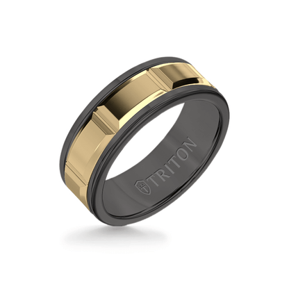 8MM Black Tungsten Carbide Ring ��� Beveled Prism 14K Yellow Gold Insert with Round Edge