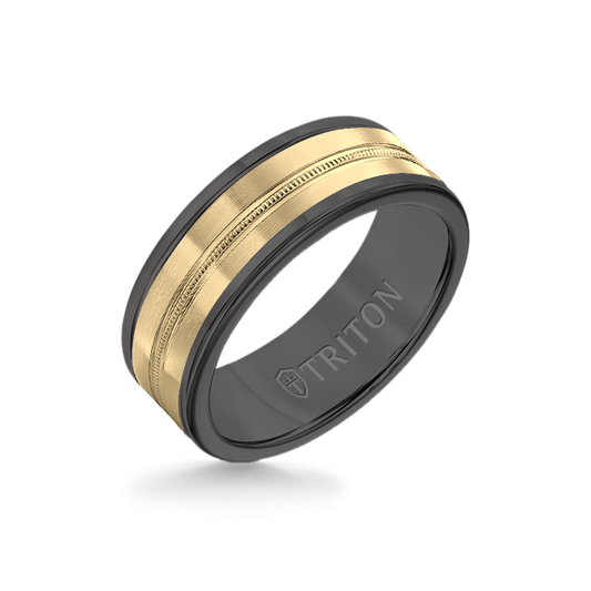 8MM Black Tungsten Carbide Ring - Center Milgrain 14K Yellow Gold Insert with Round Edge