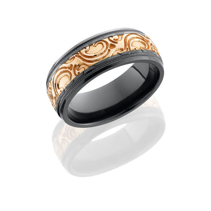 Lashbrook Zirconium 8mm Domed Band With 4mm Rose Gold Inlay With Jba Pattern BZ-8HRM(1)4RG/MJBA