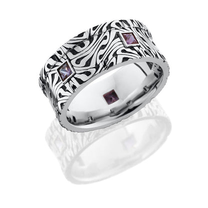 Lashbrook Cobalt Chrome 10mm Flat Band With 5 Segments And Laser Carved Escher 1 Pattern And 5 Bezel