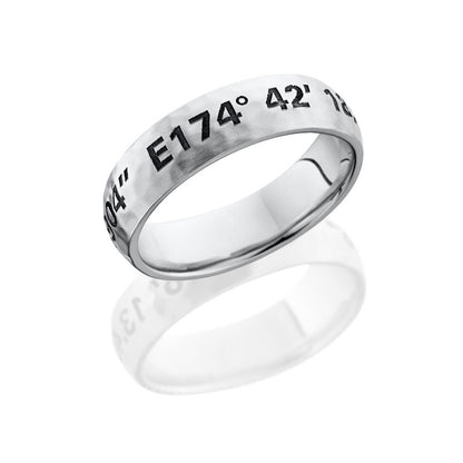 Lashbrook Cobalt Chrome 6mm Domed Band With Customized Laser Carved Coordinates CC6D/LCVCOORDINATES