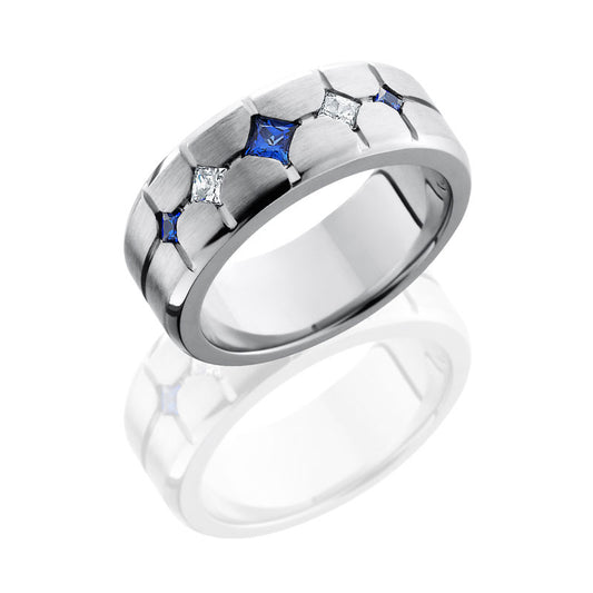Lashbrook Cobalt Chrome 9mm Beveled Bans With Flush Set Sapphires And Diamonds CC8B3XSAPPHIRE2XDIA