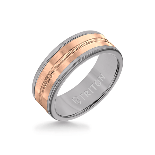 8MM Grey Tungsten Carbide Ring - Center Milgrain 14K Rose Gold Insert with Round Edge