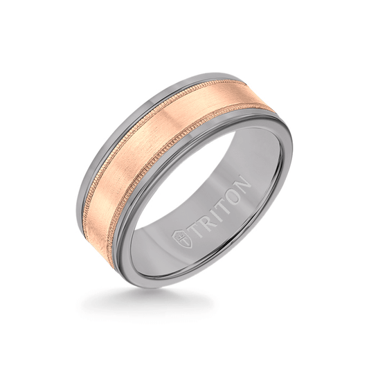 8MM Grey Tungsten Carbide Ring - Flat Milgrain 14K Rose Gold Insert with Round Edge