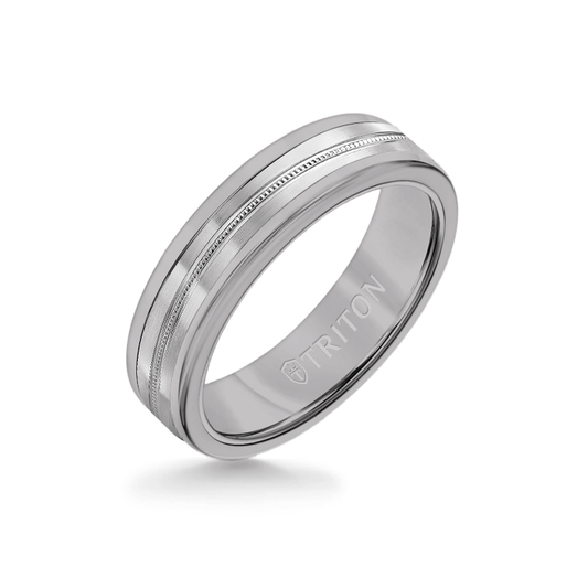 6MM Grey Tungsten Carbide Ring - Center Milgrain 14K White Gold Insert with Round Edge