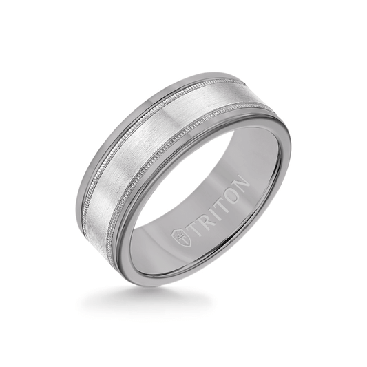 8MM Grey Tungsten Carbide Ring - Flat Milgrain 14K White Gold Insert with Round Edge