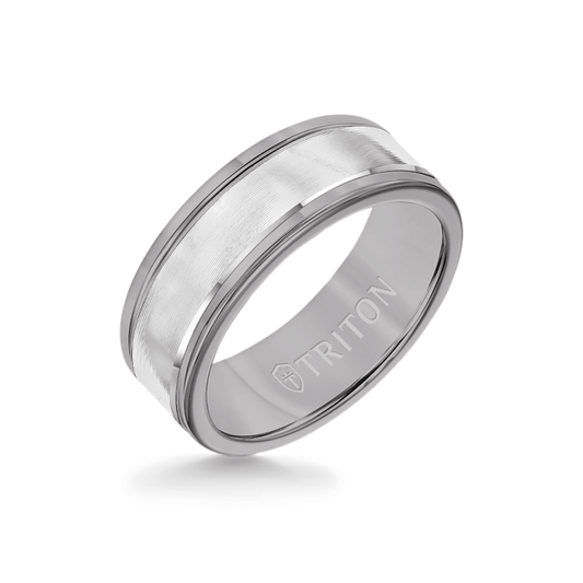 8MM Grey Tungsten Carbide Ring - Linear 14K White Gold Insert with Round Edge
