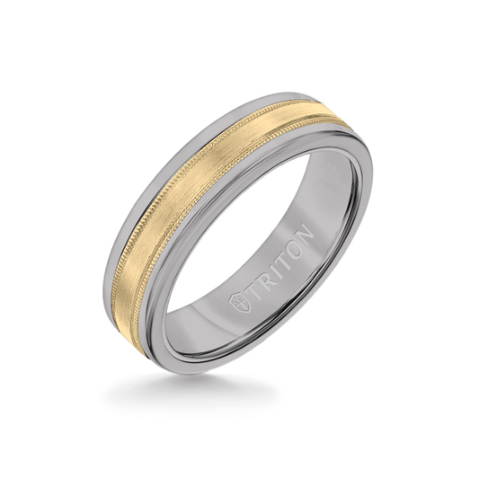 6MM Grey Tungsten Carbide Ring - Flat Milgrain 14K Yellow Gold Insert with Round Edge