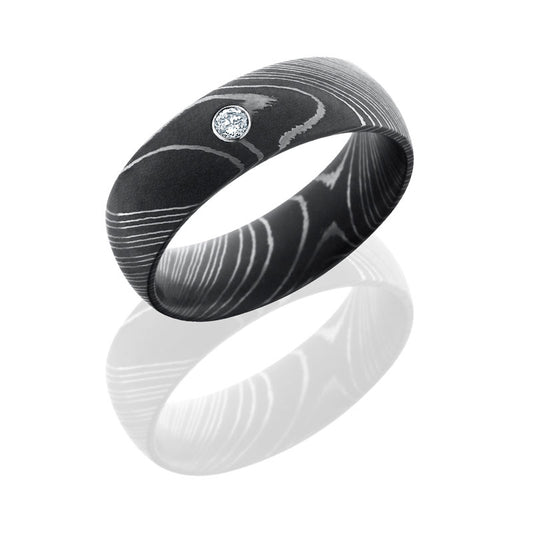 Lashbrook Damascus Steel 8mm Domed Band With Bezel Set .05Ct White Round Diamond D8DDIA.05B