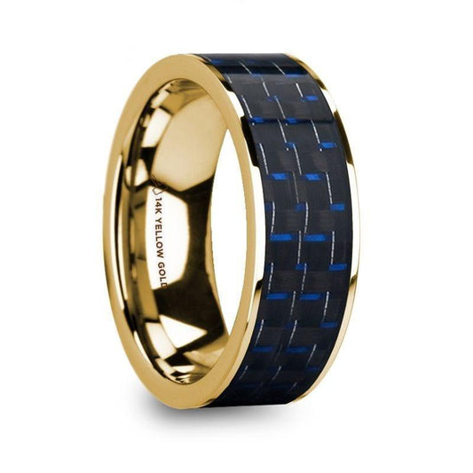 GREGOR Men's Polished 14k Yellow Gold Flat Wedding Ring with Blue & Black Carbon Fiber Inlay - 8mm - Thorsten Rings