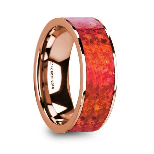 GIANNE Polished 14k Rose Gold Men's Flat Wedding Ring with Red Opal Inlay - 8mm - Thorsten Rings