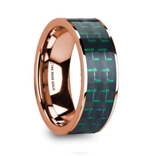 ISADORIOS Men's Polished 14k Rose Gold Flat Ring with Black & Green Carbon Fiber Inlay - 8mm - Thorsten Rings
