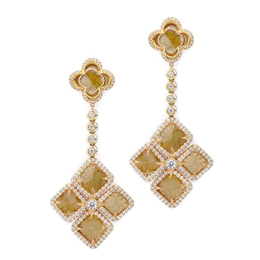 Mixed-Cut Yellow Diamond Floral Drop Earrings