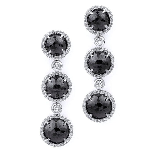Triple Drop Round Black Diamond Earrings