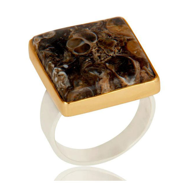 Fossil Agate Ring In Mixed Metal