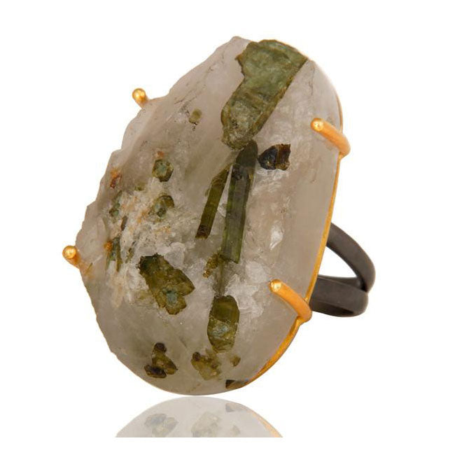 Raw Tourmilated Quartz Ring In Mixed Metal