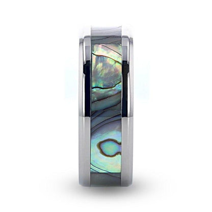 KAUI Titanium Polished Finish Mother Of Pearl Inlaid Men's Beveled Wedding Band - 6mm & 8mm