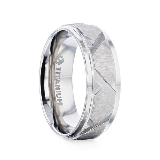 VIRAGE Raised Horizontal Etch and Diagon-Shaped Cuts Centered Titanium Men's Wedding Ring With Polished Step Edges - 8mm - Thorsten Rings