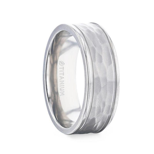 WILLIAM Hammered Finish Center White Titanium Men's Wedding Band With Dual Offset Grooves And Polished Edges - 8mm - Thorsten Rings