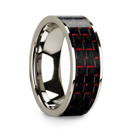 Men's 14k White Gold Flat Wedding Band with Black & Red Carbon Fiber - 8mm - Thorsten Rings