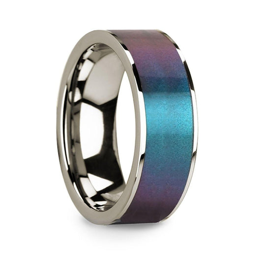 Blue & Purple Color Changing Inlaid Polished 14k White Gold Men's Wedding Ring - 8mm - Thorsten Rings