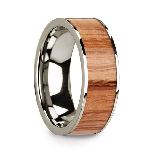 Polished Flat 14k White Gold Men's Wedding Ring with Red Oak Wood Inlay - 8mm - Thorsten Rings