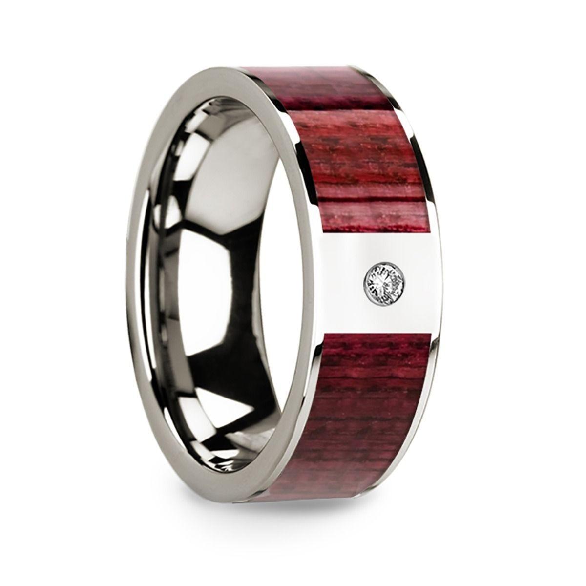 Men's Polished 14k White Gold Wedding Band with Purpleheart Wood Inlay & Diamond - 8mm - Thorsten Rings