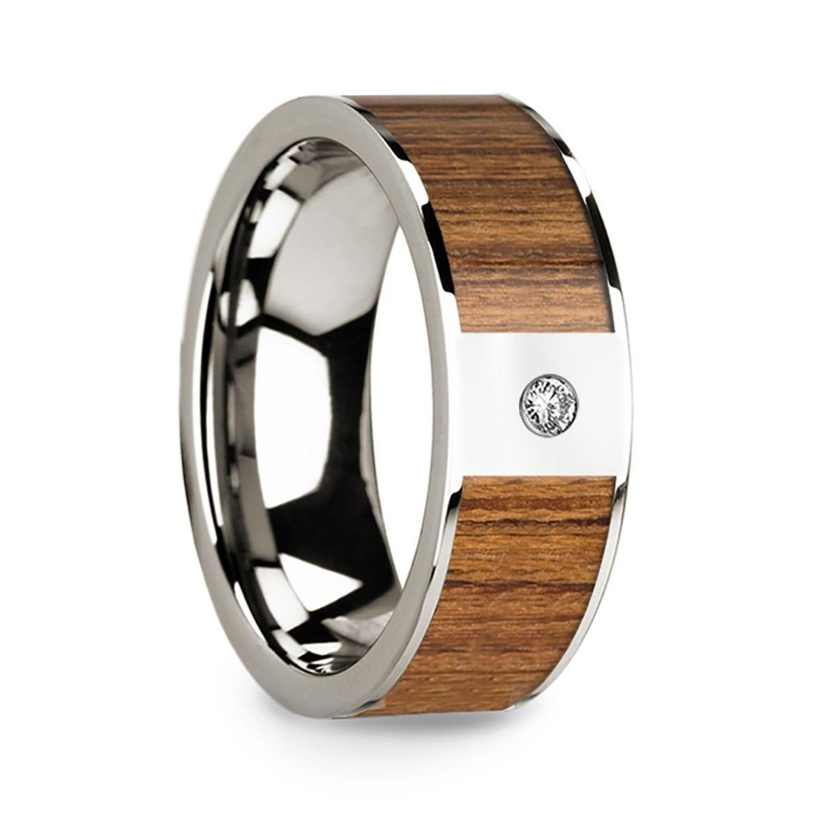Men's Polished 14k White Gold & Teak Wood Inlaid Wedding Band with Diamond - 8mm - Thorsten Rings