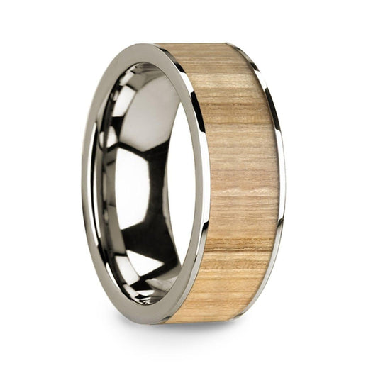 Polished 14k White Gold Men's Wedding Ring with Ash Wood Inlay - 8mm - Thorsten Rings