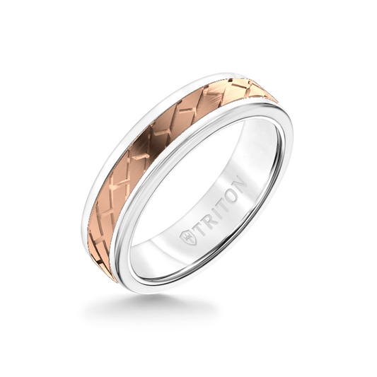 6MM White Tungsten Carbide Ring ��� Diagonal Brick 14K Rose Gold Insert with Round Edge