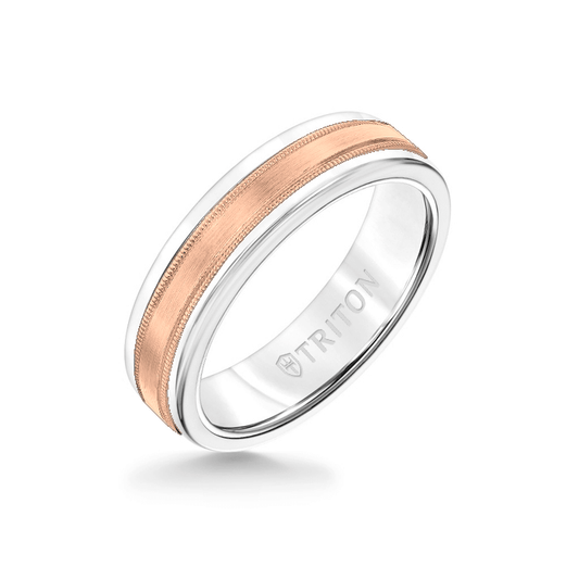 6MM White Tungsten Carbide Ring - Flat Milgrain 14K Rose Gold Insert with Round Edge
