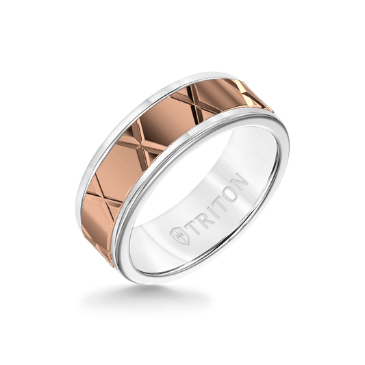 8MM White Tungsten Carbide Ring ��� StarX 14K Rose Gold Insert with Round Edge
