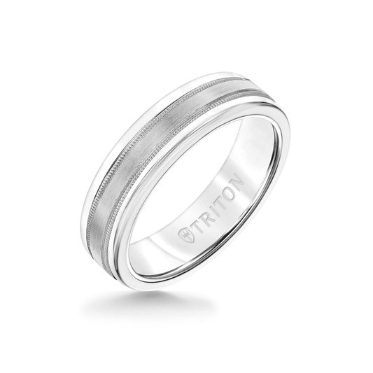 6MM White Tungsten Carbide Ring - Flat Milgrain 14K White Gold Insert with Round Edge