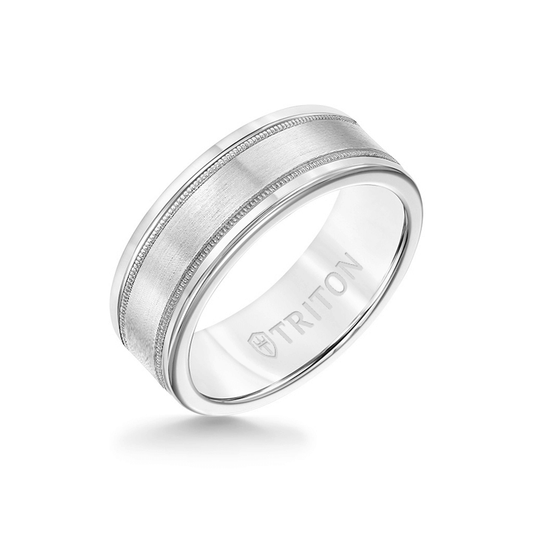 8MM White Tungsten Carbide Ring - Flat Milgrain 14K White Gold Insert with Round Edge