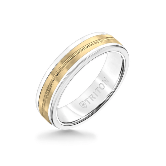6MM White Tungsten Carbide Ring - Center Milgrain 14K Yellow Gold Insert with Round Edge