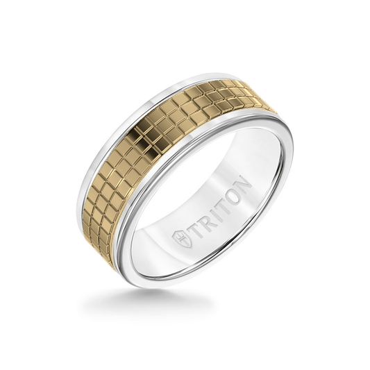 8MM White Tungsten Carbide Ring ��� Cubed 14K Yellow Gold Insert with Round Edge