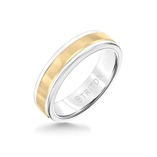 6MM White Tungsten Carbide Ring - Linear 14K Yellow Gold Insert with Round Edge